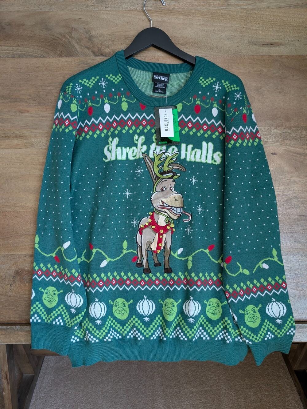 Dreamworks Shrek The Halls Donkey Holiday Sweater Mens XL Green Long Sleeve NWT